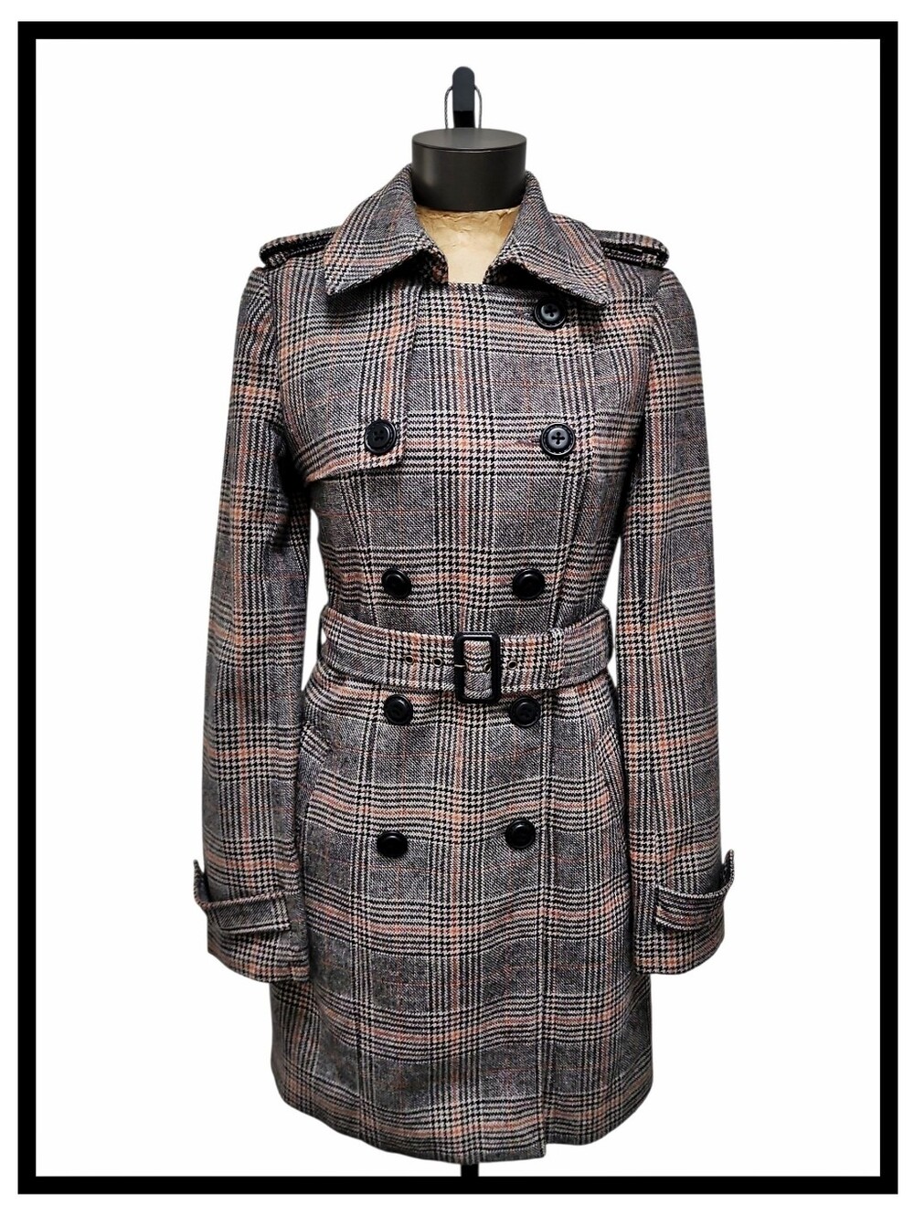 BB DAKOTA Wool Blend Belted Preppy Trenchcoat Brown Houndstooth Plaid Medium